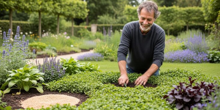 Soonnight - Tapis végétal semé en novembre 2025 surpasse le paillage et permet un jardin presque sans arrosage